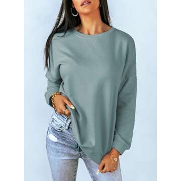 Dokotoo Womens Casual Long Sleeve Crewneck Sweatshirt Loose Fit Solid Basic Comfy Pullover Tunic Shirts Tops Blouse Side Split Fall 2024 Fashion Blue Small