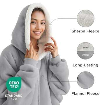 Bedsure Blanket Hoodie - Wearable Blankets for Women with Zipper as Gifts for Mom & Girlfriend, Cozy Men Sherpa Hoodie Jacket, Grey