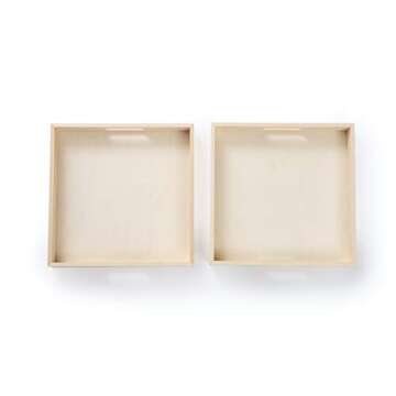 Wooden Living - Wood Tray/Wooden Trays | Square Serving Boxes with Handles - Unfinished & Small | for Montessori Materials, Crafts to Paint, Kids, Decor, Shelf, Activity (12 x 12 x 1.5, Pack of 2)