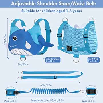 Kid Leashes for Toddler+ Anti Lost Wrist Link, Child Harness Leashes for Toddler 1-4 Years Old, 4-in-1 Safety Baby Leash for Toddlers Kids Leash for Boys Girls (Whale)