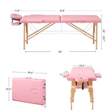 PrimeZone Portable Massage Table Lash Bed- 2 Folding Massage Bed, Height Adjustable Pink Tattoo Lash Table with Accessories, Professional Wooden Spa Bed for Eyelash, Facial, Home, Therapy, 84" x 32"