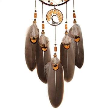 Urdeoms Brown Dream Catchers Tree of Life Boho Dreamcatcher for Bedroom Adult with Feathers and Citrine Crystal Wall Hanging Decor for Home Festival Blessing Gifts 18" Length (NO.11)