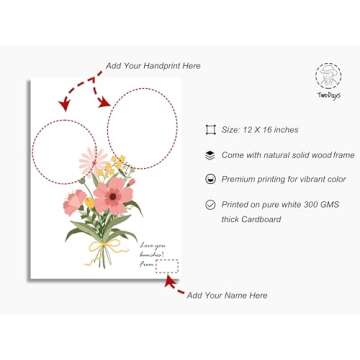 TwoDays Flower Bouquet Handprint Art Craft DIY Kit, Unique Gifts for Mom from Daughter or Son for Mother's Day Birthday Christmas, Gift for Grandma.(12" X 16", with Wood Frame)