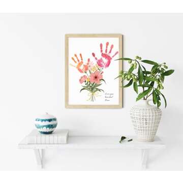 TwoDays Flower Bouquet Handprint Art Craft DIY Kit, Unique Gifts for Mom from Daughter or Son for Mother's Day Birthday Christmas, Gift for Grandma.(12" X 16", with Wood Frame)