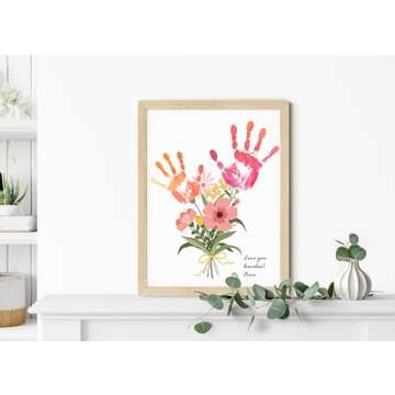 TwoDays Flower Bouquet Handprint Art Craft DIY Kit, Unique Gifts for Mom from Daughter or Son for Mother's Day Birthday Christmas, Gift for Grandma.(12" X 16", with Wood Frame)