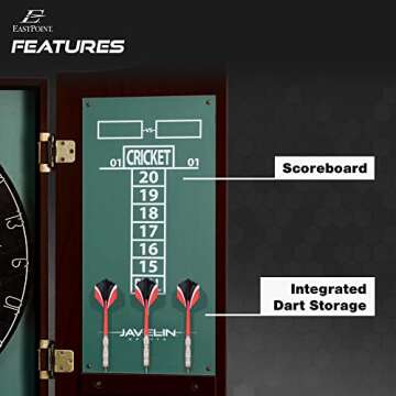 EastPoint Sports Derbyshire Official Size Dart Board Cabinet Set- Easy-Assembly & Complete with 6 Deluxe Steel Tip Darts and Accessories -Premium Darts Set with Scoreboard for Bar Games & Indoor Games