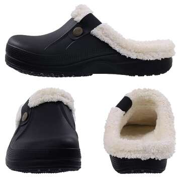 Beslip Classic Fur Lined Clogs Waterproof Winter Fuzzy Slippers for Women Men Indoor and Outdoor Indoor and Outdoor, Black and White Women Size 4-5