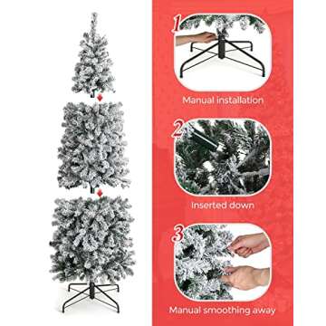 OasisCraft 9 Foot Prelit Snow Flocked Artificial Pencil Christmas Tree with 450 Clear Lights, Hinged Snowy Slim Xmas Tree Outdoor for Festive Holiday Decor