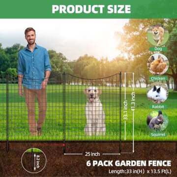 GILPWA Garden Fences and Borders for Dogs, 6 Panels 33 in(H) X 13ft(L), Decorative Animal Barrier Fence for Yard, Metal Wire Panel Border for Rabbits and Garden, Patio, Flower Bed, Black