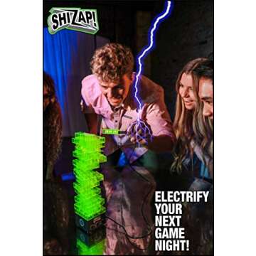 ShiZap! - Illuminated Electric Shock Stacking Block Game, Plastic Tumble Tower Blocks, Shocking Tweezers, LED Base That Plays Suspenseful Music, Family Fun Party Games for Teenage Boys, Girls, Adults