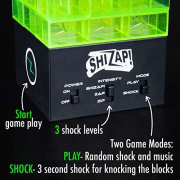 ShiZap! - Illuminated Electric Shock Stacking Block Game, Plastic Tumble Tower Blocks, Shocking Tweezers, LED Base That Plays Suspenseful Music, Family Fun Party Games for Teenage Boys, Girls, Adults