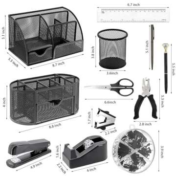 17 in 1 Black Desk Organizers and Accessories Set, 3 Office Desk Supplies Storage Organization, 4 Pens, Stapler, Staples & Remover, Tape & Dispenser, Scissors, Ruler, Clips, Hole Punch, Sticky Holder