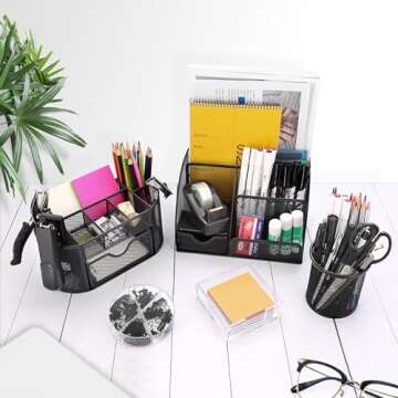 17 in 1 Black Desk Organizers and Accessories Set, 3 Office Desk Supplies Storage Organization, 4 Pens, Stapler, Staples & Remover, Tape & Dispenser, Scissors, Ruler, Clips, Hole Punch, Sticky Holder