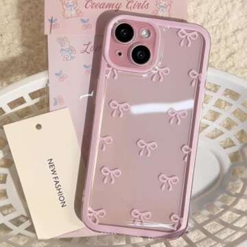 EYZUTAK Case for iPhone 15, Clear Cute Ribbon Bowknot Pattern Aesthetic Transparent Phone Case Raised Camera Protection Stylish Slim Soft Durable TPU Protective Cover for Women Girls - Pink