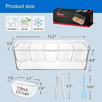 INNOVATIVE LIFE Condiment Server with Ice Tray, Condiment Caddy with 5 Compartments Container, Ice Chilled Party Platter, Bar Garnish Holder on Ice, Condiment Dispenser, Clear