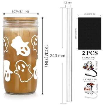 ANOTION Halloween Cups, Ghost Decor 24 oz Mug Mason Jar Glass Cups with Lids and Straws Ghost Tumblers Coffee Cups Cookie Jar Glasses Glassware Drinking Glasses Halloween Decorations Indoor