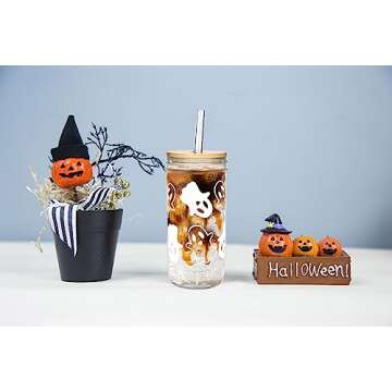 ANOTION Halloween Cups, Ghost Decor 24 oz Mug Mason Jar Glass Cups with Lids and Straws Ghost Tumblers Coffee Cups Cookie Jar Glasses Glassware Drinking Glasses Halloween Decorations Indoor