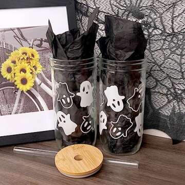 ANOTION Halloween Cups, Ghost Decor 24 oz Mug Mason Jar Glass Cups with Lids and Straws Ghost Tumblers Coffee Cups Cookie Jar Glasses Glassware Drinking Glasses Halloween Decorations Indoor