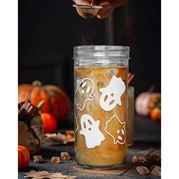 ANOTION Halloween Cups, Ghost Decor 24 oz Mug Mason Jar Glass Cups with Lids and Straws Ghost Tumblers Coffee Cups Cookie Jar Glasses Glassware Drinking Glasses Halloween Decorations Indoor