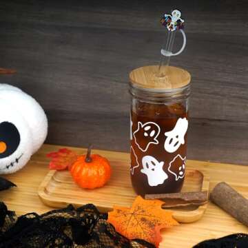 ANOTION Halloween Cups, Ghost Decor 24 oz Mug Mason Jar Glass Cups with Lids and Straws Ghost Tumblers Coffee Cups Cookie Jar Glasses Glassware Drinking Glasses Halloween Decorations Indoor