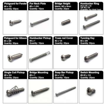 Guitar Screws Kit,304 Stainless Steel, #2#3#4#6#8 fit Fender & Gibson Pickguard, for Neck Plate Tuning Humbucker SingleCoil Pickup TrussRod Cover Bridge Selector Switch (Stainless Steel Uncoated)