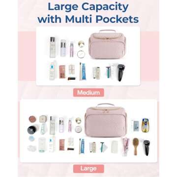 BAGSMART Travel Toiletry Bag, Large Wide-open Makeup Cosmetic Travel Bag for Toiletries with Handle, Pink-L