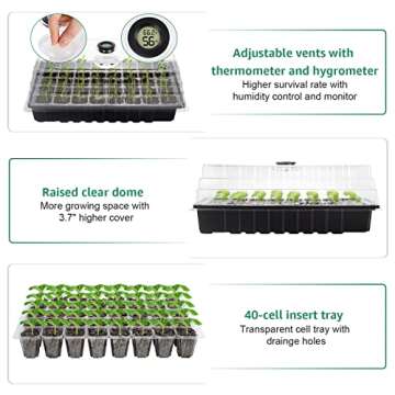 Bonviee 5 Packs Seed Starter Tray with Hygrometer Thermometer, 40-Cell Seed Starter Kit with Clear and Elevated Humidity Dome, Greenhouse Kit Indoor for Cloning, Propagation, Sprouting and Germination