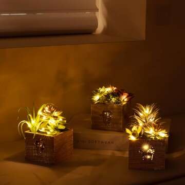 Artificial Succulent Plants, Mini Fake Plants with Led String Light for Bedroom Aesthetic Living Room Office Shelf Bathroom Decor