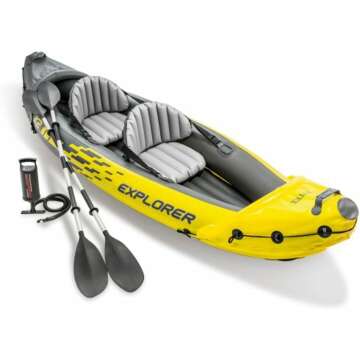 Explorer K2 Kayak, 2-Person Inflatable Kayak Set with Aluminum Oars, Manual and Electric Pumps…