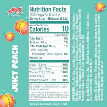 Alani Nu JUICY PEACH Energy Sticks | Energy Drink Powder | 200mg Caffeine | Pre Workout Performance with Antioxidants | On-The-Go Drink Mix | Biotin, B Vitamins | Zero Sugar | 10 Calories | 10 Pack