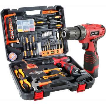 108 Piece Power Tool Combo Kits with 16.8V Cordless Drill, Household Tools Set with DIY Hand Tool Kits for Professional Garden Office Home Repair Maintain-Black/Red