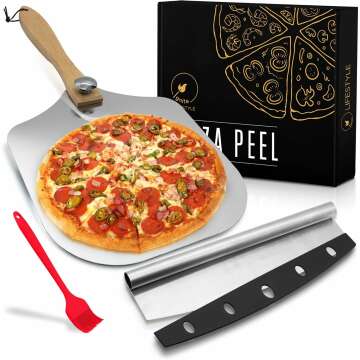 Deluxe Pizza Peel Set - Spatula, Rocker Cutter & Brush