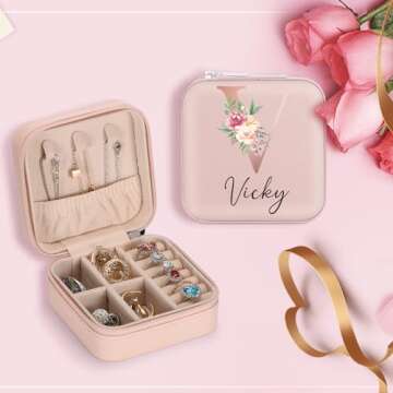 Travel Jewelry Box Jewelry Case, Personalized Jewelry Box for Women, Jewelry Organizer Small Jewelry Travel Case, Customized Jewelry Box with Initial &Name