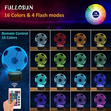 FULLOSUN Kids Night Light Soccer 3D Optical Illusion Lamp with Remote Control 16 Colors Changing Football Birthday Xmas Valentine's Day Gift Idea for Sport Fan Boys Girls