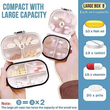 Travel Pill Organizer, 2 Pack Portable Pill Box 7 Day Small Pill Case Moisture Proof Daily Medicine Vitamin Container for Vitamins, Supplements Medication Tracker Travel Essentials (Small+ Large)