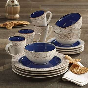 American Atelier Round Dinnerware Sets | Blue Kitchen Plates, Bowls, and Mugs | 16 Piece Stoneware Granada Collection | Dishwasher & Microwave Safe | Service for 4