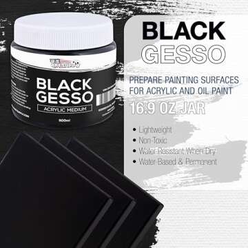 U.S. Art Supply Black Gesso Primer for Acrylic Painting - 16.9oz (500ml) Acrylic Gesso Primer for Oil & Acrylic Paint, Non-Toxic Canvas Primer Superior Coverage - Blendable Black Gesso Paint Artists