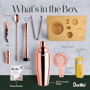 Barillio Rose Gold Bartender Kit - Stainless-Steel Cocktail Shaker Set w/Bamboo Stand - Mixology Bar Tools w/Shaker, Drink Mixer Spoon & Muddler for Cocktails - Home Bar Accessories - 10-Pc Bar Set