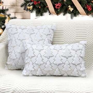 4TH Emotion Christmas Tree Decorative Pillow Covers 18x18 Set of 2, White Soft Plush Faux Fur Farmhouse Throw Cushion Cases for Xmas Winter Holiday Home Decorations