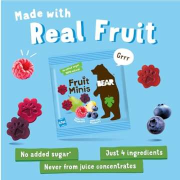 BEAR Real Fruit Snack Minis, Raspberry/Blueberry, No added Sugar, All Natural, Bite Sized Snacks for Kids, Non GMO, Gluten Free, Vegan, 0.7 Oz (Pack of 18)