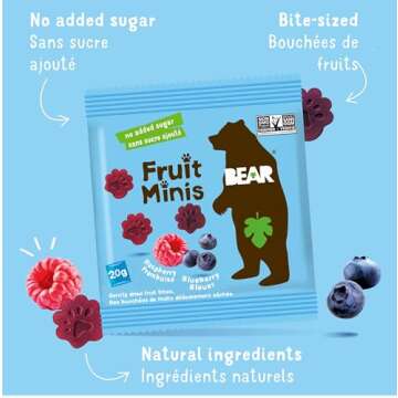 BEAR Real Fruit Snack Minis, Raspberry/Blueberry, No added Sugar, All Natural, Bite Sized Snacks for Kids, Non GMO, Gluten Free, Vegan, 0.7 Oz (Pack of 18)