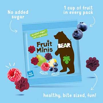 BEAR Real Fruit Snack Minis, Raspberry/Blueberry, No added Sugar, All Natural, Bite Sized Snacks for Kids, Non GMO, Gluten Free, Vegan, 0.7 Oz (Pack of 18)