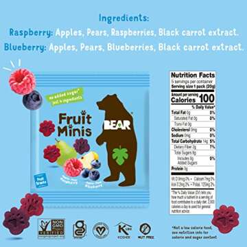 BEAR Real Fruit Snack Minis, Raspberry/Blueberry, No added Sugar, All Natural, Bite Sized Snacks for Kids, Non GMO, Gluten Free, Vegan, 0.7 Oz (Pack of 18)