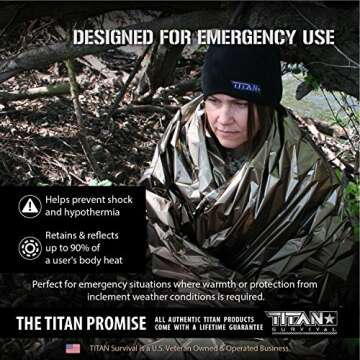 TITAN Survival Mylar Survival Blankets 5 Pack 52” x 82” - 90% Heat Retention & Waterproof Design - Emergency Blanket Cold Weather Protection & Survival Kits - Durable Space Blanket for Outdoor Use