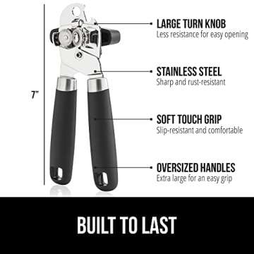 The Original Gorilla Grip Heavy Duty Stainless Steel Smooth Edge Manual Can Opener and Bottle Openers, Soft Handle, Rust Proof Oversized Handheld Easy Turn Knob, Multifunctional Kitchen Tool, Black