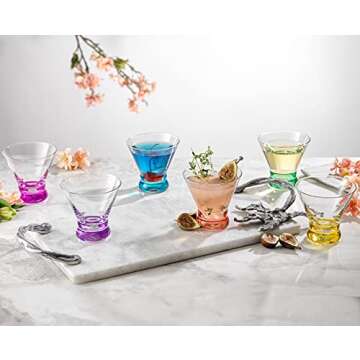 JoyJolt HUE Martini Glasses (7oz) Cocktail Glassware Set of 6, Colored Glass Base. Drinking Glasses, Cocktail Glasses, Stemless Margarita Glasses, Bar Glasses, Shrimp Cocktail Glasses, Juice Glasses