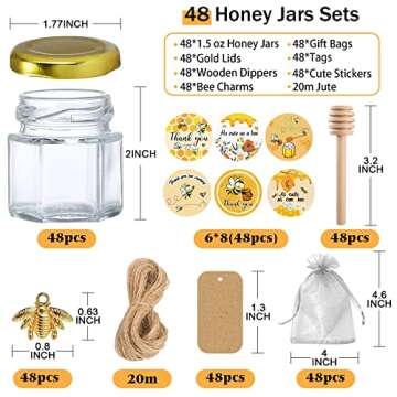 Aliggbent Honey Jars,48 Pack Mini Honey Jars Party Favors in Bulk,1.5oz Small Hexagon Glass Honey Jars with Dipper,Stickers,Gold Lid,Charm,Gift Bags and Jute,for Baby Shower,Wedding Favors(No Honey)