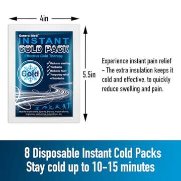 General Medi Instant Ice Cold Pack (4”x 5.5”) – 8 Packs Disposable Cold Therapy Ice Packs for Pain Relief, Swelling, Inflammation, Sprains, Toothache – for Athletes & Outdoor Activities