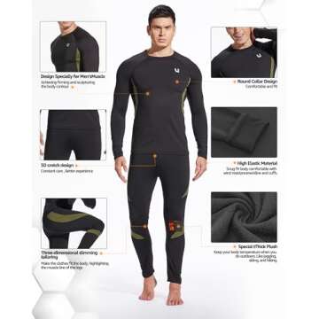 UNIQUEBELLA Men's Thermal Underwear Sets Top & Long Johns Fleece Sweat Quick Drying Thermo Base Layer Black