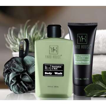 Yard House Mens Luxury Bath and Body Gift Set For Him - Skin Care Kit in Eucalyptus and Mint - Fathers Day Birthday Christmas Gifts Ideas For Men - 7Pcs Set w. Full Size Items in Leather Toiletry Bag